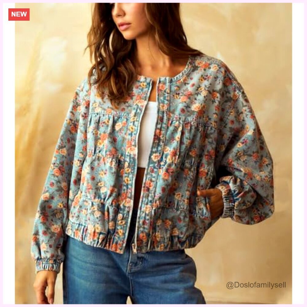 Oversized Denim Bomber Jacket Floral Print Boyfriend Fit Women's Casual - Picture 4 of 6